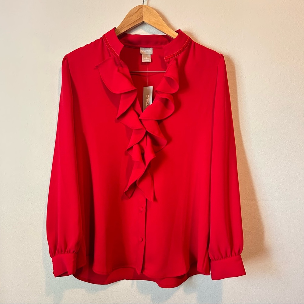 NEW! Chicos Women’s 8/10 Red Ruffle Neckline Long Sleeve Button Down Blouse